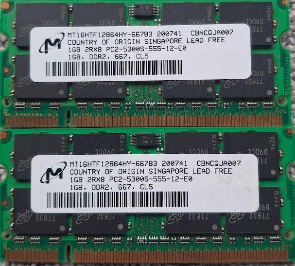 1GB Laptopgeheugen DDR2 – Micron MT16HTF12864HY‑667B3, Computers en Software, RAM geheugen, Gebruikt, DDR2, Ophalen