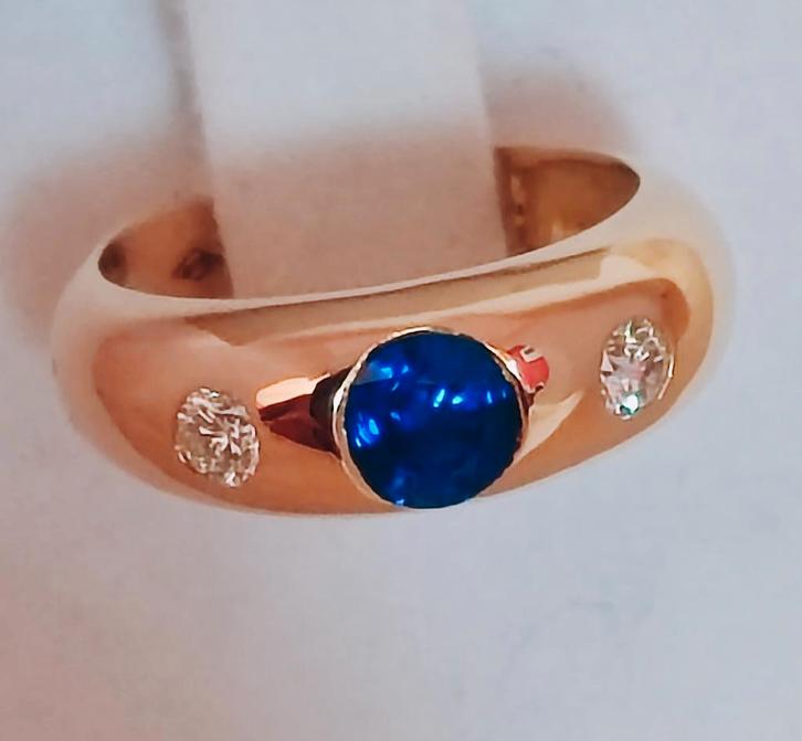 Gouden ring met saffier en diamanten, Bijoux, Sacs & Beauté, Bagues, Comme neuf, Femme ou Homme, 17 à 18, Bleu, Avec pierre précieuse