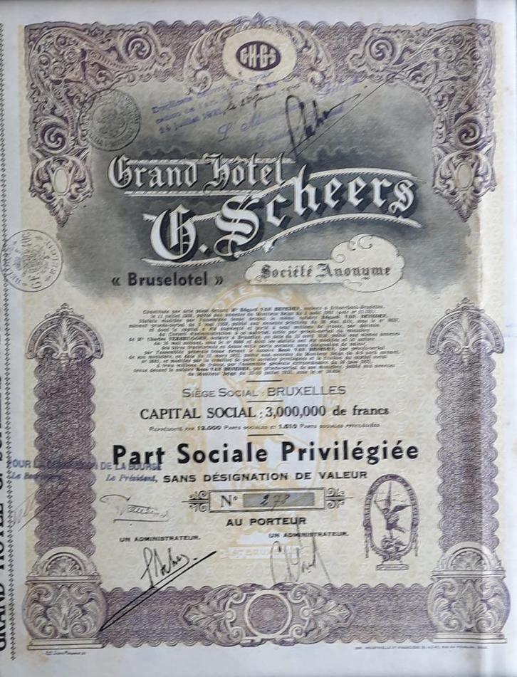 Grand Hôtel G.Scheers - part sociale - Bruxelles - 1932, Postzegels en Munten, Aandelen en Waardepapieren, Aandeel, 1920 tot 1950