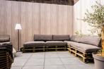 Pallet loungeset + kussens, Ophalen, Gebruikt, 8 zitplaatsen, Loungeset