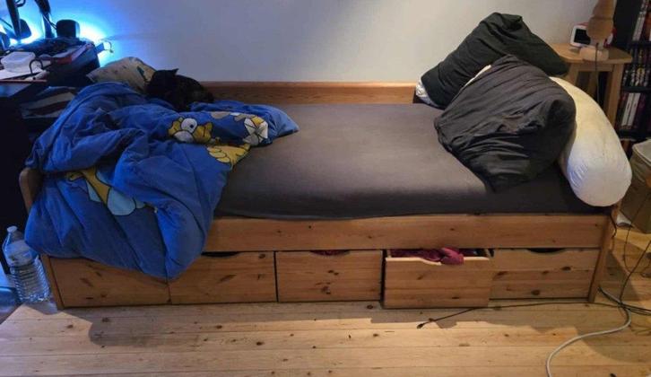 bed met opberglades en lattenbodem, Maison & Meubles, Chambre à coucher | Lits, Utilisé, Une personne, 90 cm, 200 cm, Bois, Brun