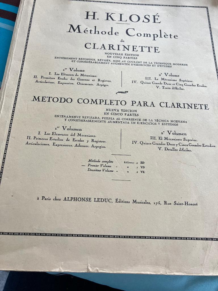 Méthode complète clarinette H. Klose vol.1 Leduc, Musique & Instruments, Enlèvement, Utilisé, Autres matériaux, Autres types