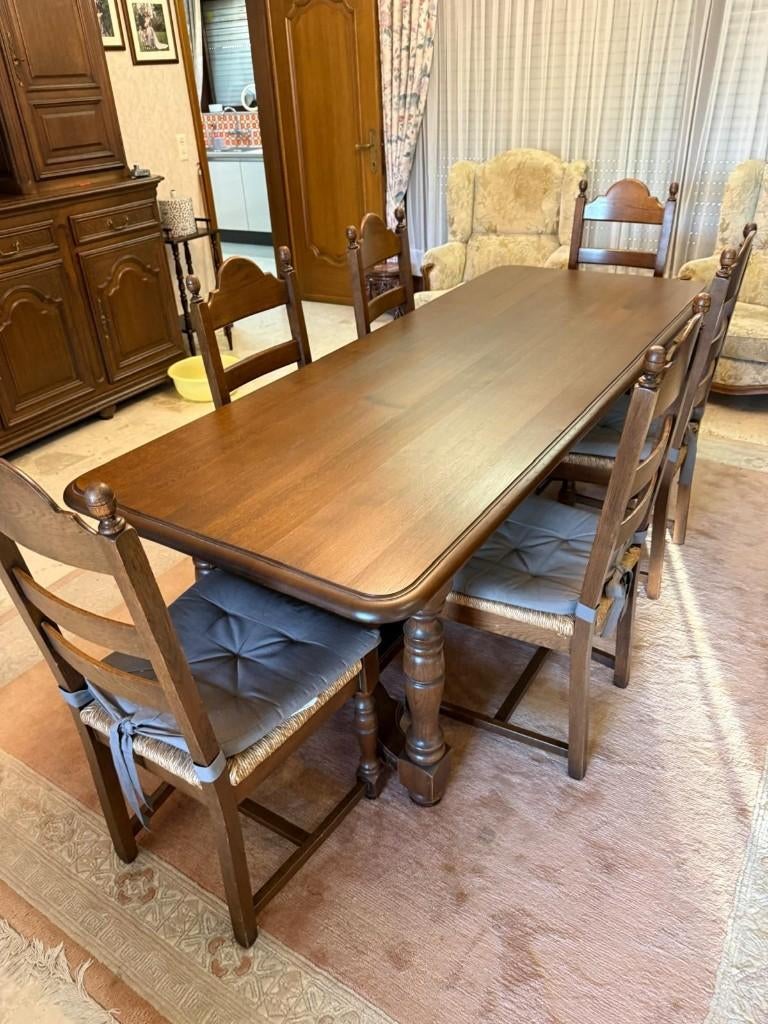 Volledige eiken eetkamerset — tafel, 8 stoelen & 3 kasten, Ophalen, Gebruikt, Klassiek / Landelijk, 6 tot 8 stoelen