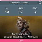 1 ticket Pommelien Thijs 25 april 2026 Afas dome, Tickets en Kaartjes, Eén persoon, April