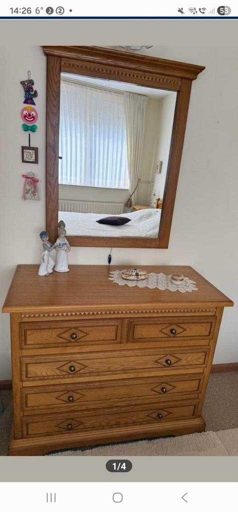 Eikenhout Commode/Ladenkast 4 lades. Bijbeh. spiegel., Enlèvement, Comme neuf, Bois