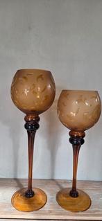 2 amberkleurige glazen windlichten, Ophalen, Gebruikt