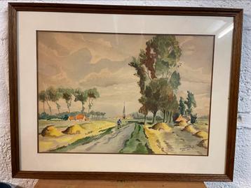 Waterverfschilderij Landpad met boer beschikbaar voor biedingen
