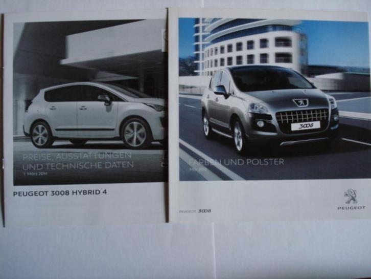 Peugeot 3008/HYbrid4 2012/2014 Specs/Farben Brochure LOT of2, Boeken, Auto's | Folders en Tijdschriften, Zo goed als nieuw, Peugeot