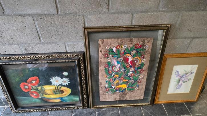 Schilderij tekening ets in kader bloemen en vogels, Antiek en Kunst, Kunst | Schilderijen | Klassiek, Ophalen of Verzenden