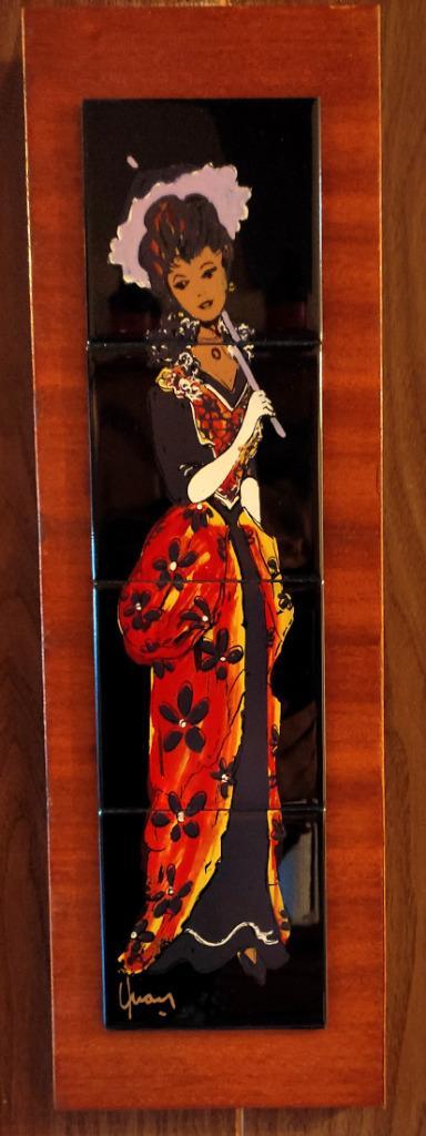 Dame met parasol: Schilderij op tegelwerk gesigneerd, Antiek en Kunst, Antiek | Wandborden en Tegels, Ophalen of Verzenden