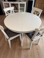 Table extensible ronde blanche avec 4 chaises à vendre, Enlèvement ou Envoi, Utilisé, 4 à 6 chaises