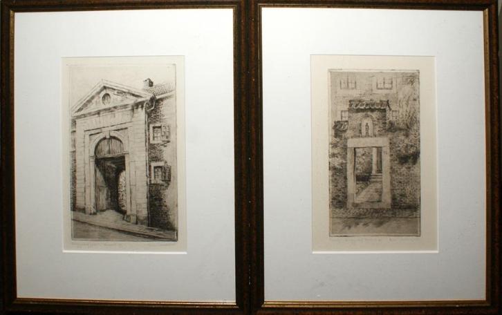 Romain Malfliet (1920-2006): 2 x Begijnhof Hasselt (37x48cm), Antiek en Kunst, Kunst | Etsen en Gravures, Ophalen of Verzenden