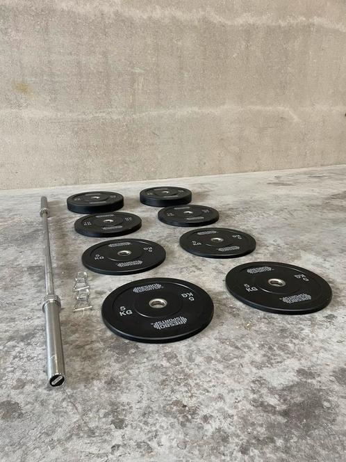 Olympische 100kg halterset met bumper plates, Sport en Fitness, Fitnessmaterialen, Nieuw, Halterset, Armen, Benen, Borst, Buik