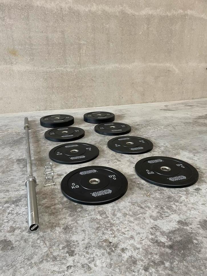 Olympische 100kg halterset met bumper plates, Sport en Fitness, Fitnessmaterialen, Nieuw, Halterset, Armen, Benen, Borst, Buik