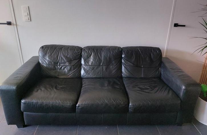 Zwart lederen salon, Huis en Inrichting, Zetels | Complete zithoeken, Gebruikt, Overige materialen, Ophalen