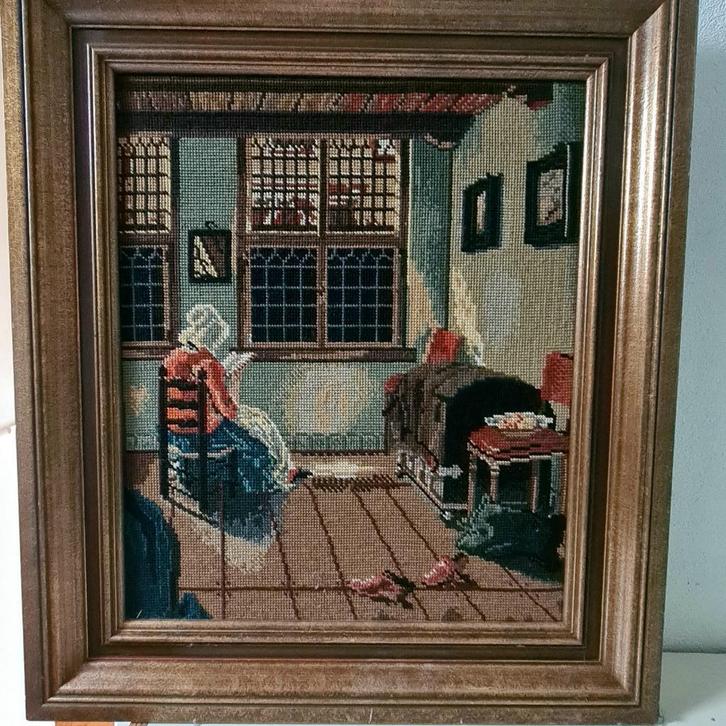 mooi met de hand geborduurd schilderij, Antiek en Kunst, Curiosa en Brocante, Ophalen
