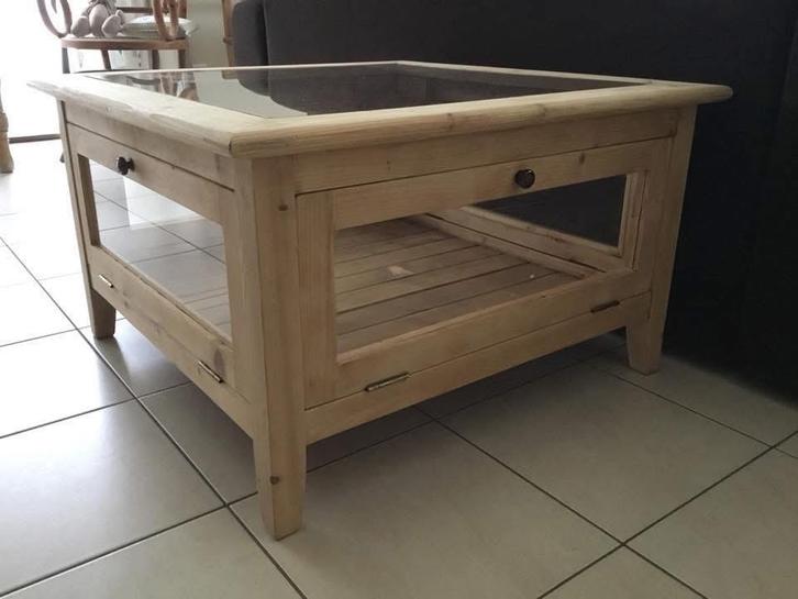 table  de salon  en bois clair avec plateau en verre, Huis en Inrichting, Tafels | Salontafels, Zo goed als nieuw, Glas, Ophalen