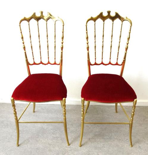 Vintage Chiavari stoel Hollywood Regency messing 1 van 2, Huis en Inrichting, Stoelen, Gebruikt, Twee, Rood, Ophalen