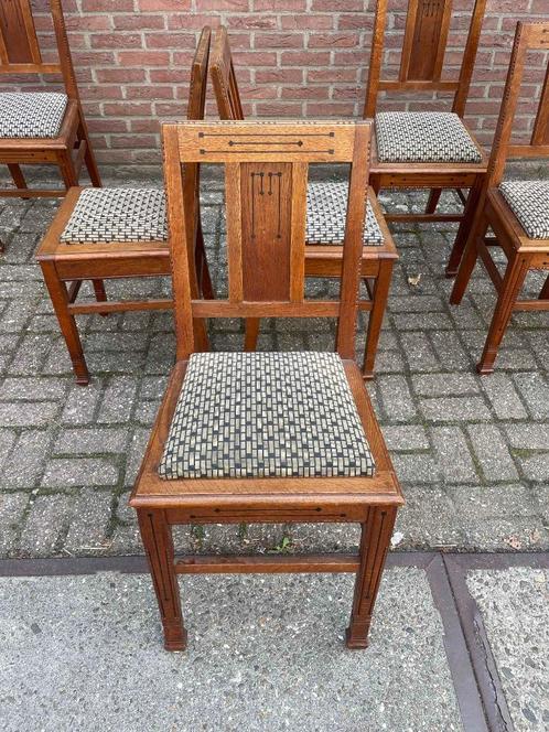 6 x Art Deco eetkamerstoelen Amsterdamse school, Maison & Meubles, Chaises, Utilisé, Cinq, Six Chaises ou plus, Bois, Tissus, Brun