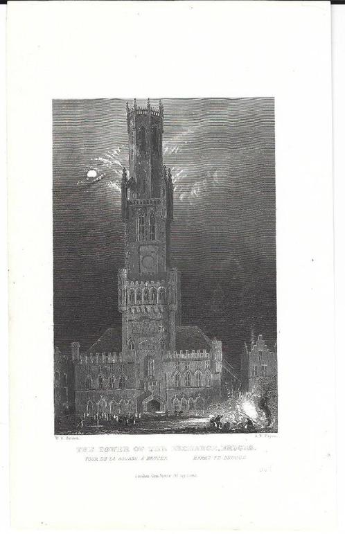 1837 - Brugge - het belfort bij nacht, Antiquités & Art, Art | Eaux-fortes & Gravures, Envoi