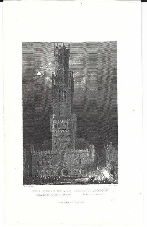 1837 - Brugge - het belfort bij nacht, Antiek en Kunst, Kunst | Etsen en Gravures, Verzenden