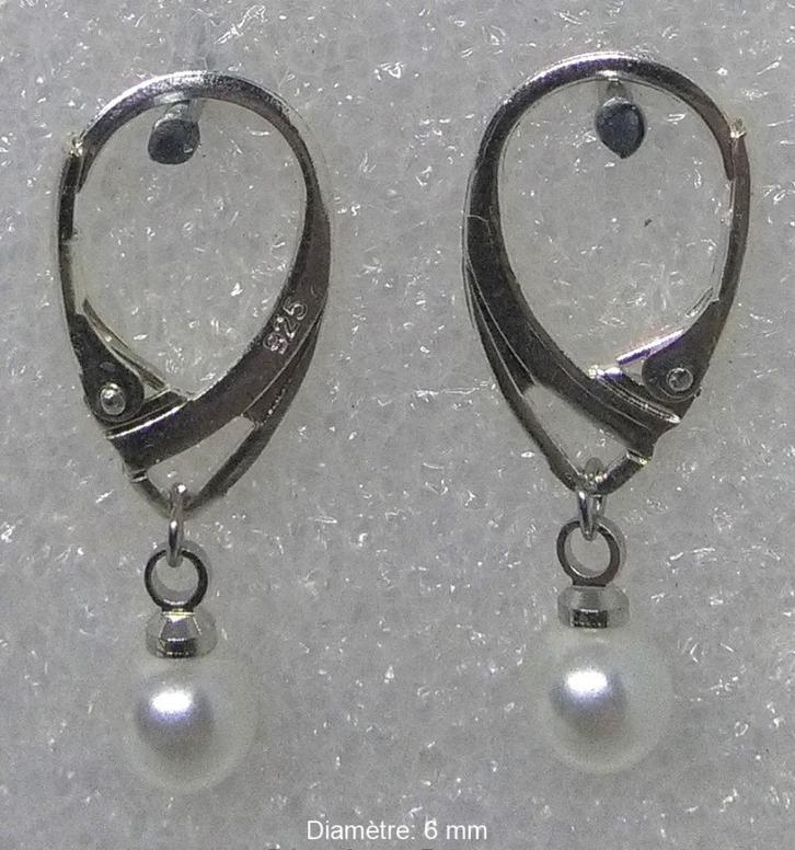 Boucle d’oreille argent 925 perle 6 mm., Handtassen en Accessoires, Oorbellen, Nieuw, Hangers, Zilver, Zilver, Ophalen of Verzenden
