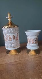 dekselpot + vaas italiaans vintage porselein met bladgoud, Antiek en Kunst, Ophalen of Verzenden