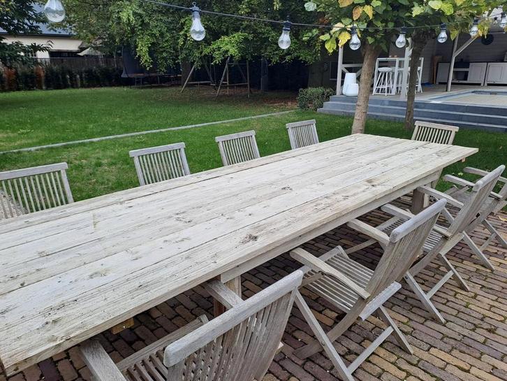 Super grote tuintafel 350cm. 8 stoelen, terrasstoelen, Tuin en Terras, Tuintafels, Zo goed als nieuw, Ophalen