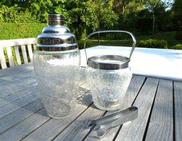 Vintage cocktailshaker en ijsemmer(+ tang) in cracquelé glas beschikbaar voor biedingen