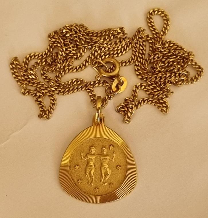 18K Gouden Ketting + Hanger Tweelingen 750 Horoscoop Goud, Handtassen en Accessoires, Kettingen, Zo goed als nieuw, Goud, Goud