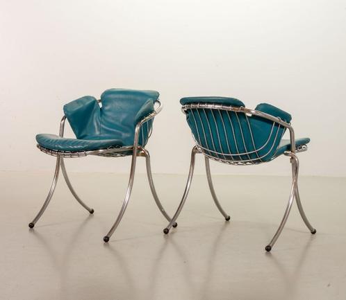 2 Gastone Rinaldi Vintage Design 'Eetkamerstoelen for Rima, Huis en Inrichting, Stoelen, Gebruikt, Twee, Kunststof, Metaal, Blauw