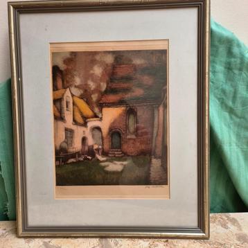 Tekening van een Boerderij (ingekaderd en achter glas) beschikbaar voor biedingen