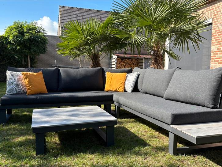 loungebank en tafel – antracietgrijs met houten details, Tuin en Terras, Tuinsets en Loungesets, Zo goed als nieuw, Aluminium