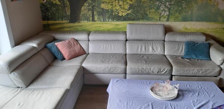 Witte lederen hoekzetel, Huis en Inrichting, Zetels | Zetels, Gebruikt, Hoekbank, Vierpersoons of meer, 300 cm of meer, 150 cm of meer