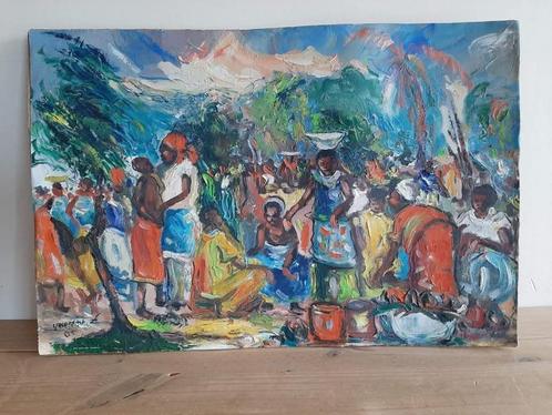 Olieverf op Afrikaans doek Zephyrin Masamba, Antiek en Kunst, Kunst | Niet-Westerse kunst, Ophalen