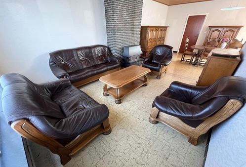 Lederen zetel ensemble, Huis en Inrichting, Zetels | Zetels, Gebruikt, Rechte bank, Vierpersoons of meer, 150 tot 200 cm, Minder dan 75 cm
