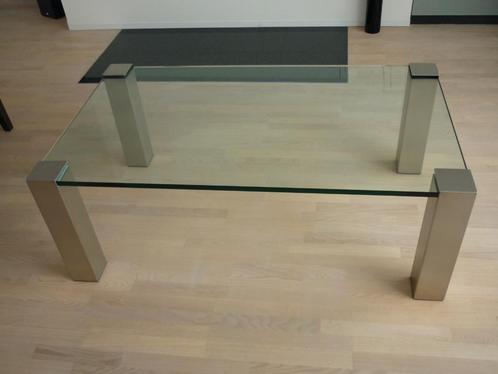 salontafel glas en inox, Huis en Inrichting, Tafels | Salontafels, Gebruikt, Minder dan 50 cm, 50 tot 100 cm, 100 tot 150 cm, Rechthoekig