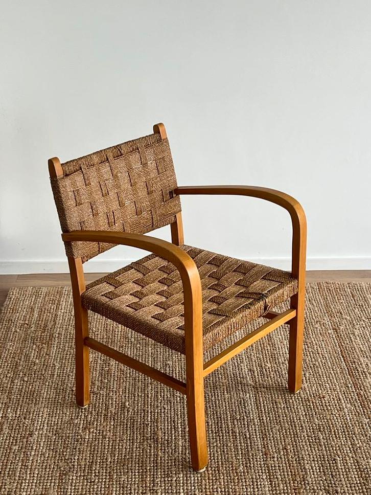 Vintage Nederlandse houten fauteuil, Vroom & Dreesman, 1960, Huis en Inrichting, Stoelen, Zo goed als nieuw, Hout, Ophalen