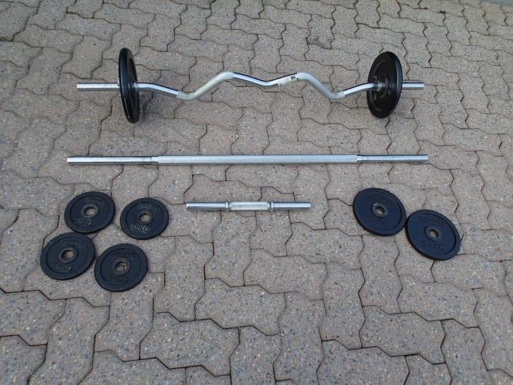 Lot de barres et poids Domyos, Sports & Fitness, Équipement de fitness, Utilisé, Bras, Pectoraux, Abdominaux, Enlèvement