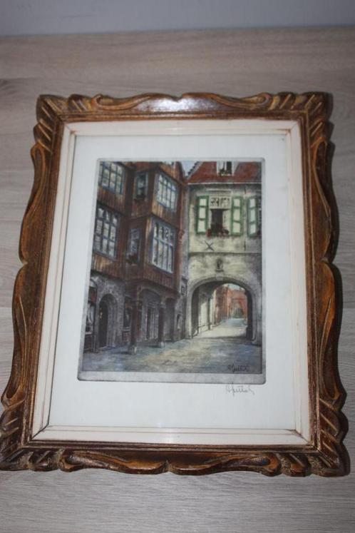 Gesigneerde Originele kleurenets Albert Goethals +oude kader, Antiek en Kunst, Kunst | Etsen en Gravures, Ophalen of Verzenden