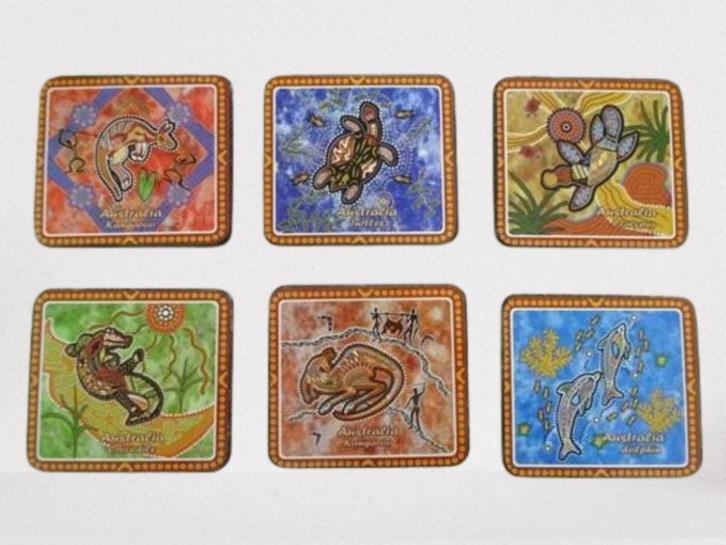 Australië: 6 coasters, Aboriginal kunst afbeeldingen, dieren, Huis en Inrichting, Woonaccessoires | Onderzetters, Zo goed als nieuw