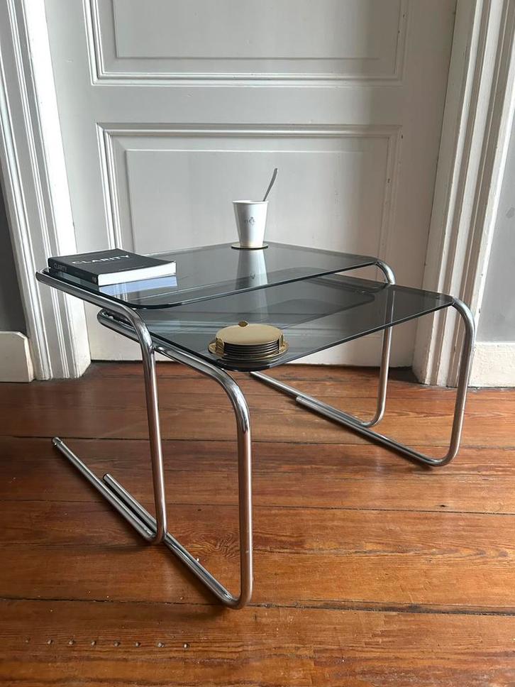 Set van 2 vintage salontafels in chroom en gerookt glas, Antiek en Kunst, Antiek | Meubels | Tafels, Ophalen