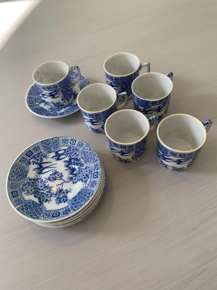 set van 6 in beenderporselein, vintage, zwaluw motief, Antiek en Kunst, Antiek | Servies los, Ophalen of Verzenden