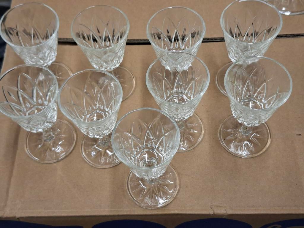 9 vintage sherry glaasjes, Ophalen, Gebruikt, Borrel- of Shotglas