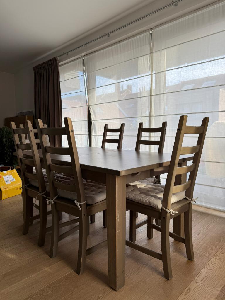 Table à rallonge + 6 chaises — style scandinave bois foncé, Maison & Meubles, Tables | Tables à manger, Utilisé, 50 à 100 cm, 150 à 200 cm