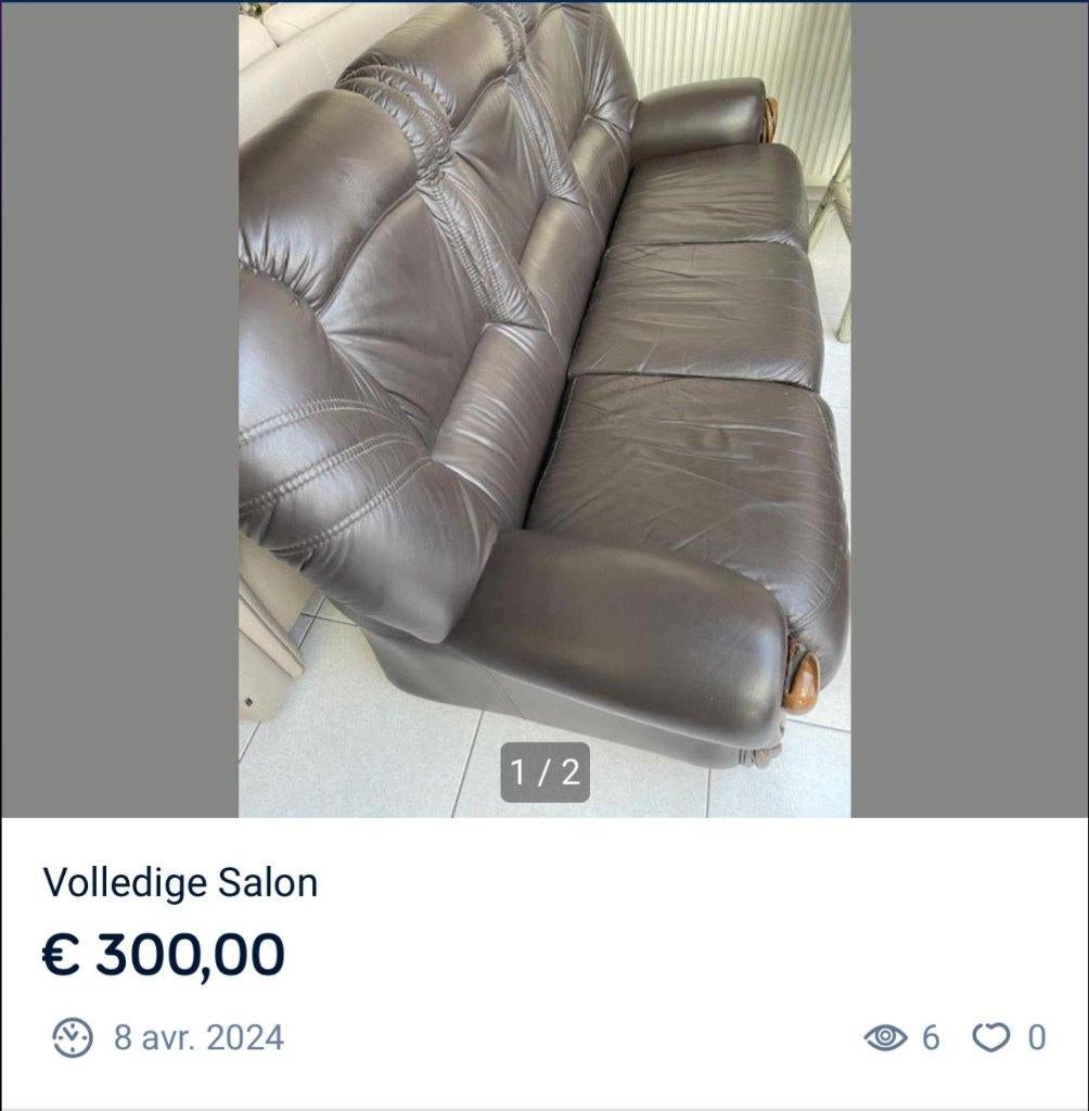 Salon in leder, Ophalen, Gebruikt, Minder dan 75 cm, Driepersoons