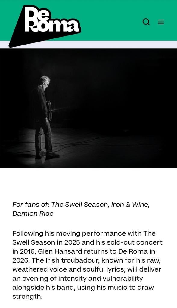 1x billet - Glen Hansard le 16 mai, De Roma, Anvers, Une personne, Mai