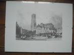 Oude prent Sint Romboutskathedraal Mechelen met uurwerk, Antiek en Kunst, Ophalen