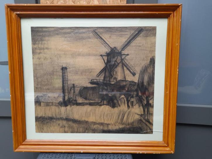 Grote tekening, houtskool, Roomanmolen, gesign. G. Fonteyn, Antiek en Kunst, Kunst | Tekeningen en Fotografie, Ophalen of Verzenden