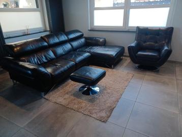 Salon en cuir noir avec pouf et fauteuil club rotatif, Enlèvement, Comme neuf